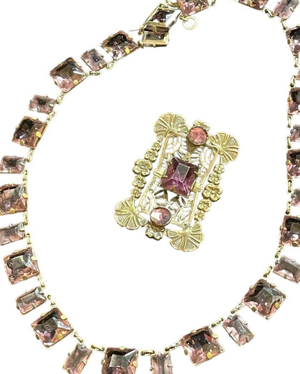 Antique Purple lavender CZECH paste glass Riviere Necklace and brooch brass