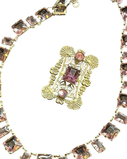 Antique Purple lavender CZECH paste glass Riviere Necklace and brooch brass