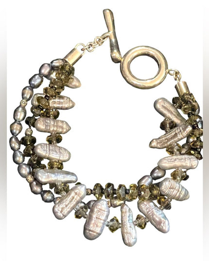 Sterling silver REAL pearl & crystal chunky 3 strand Bracelet
