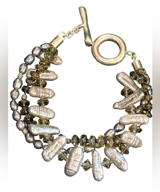 Sterling silver REAL pearl & crystal chunky 3 strand Bracelet
