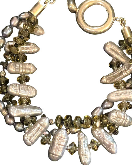 Sterling silver REAL pearl & crystal chunky 3 strand Bracelet