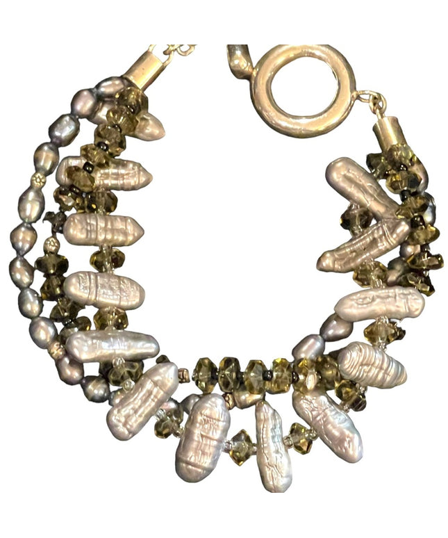 Sterling silver REAL pearl & crystal chunky 3 strand Bracelet