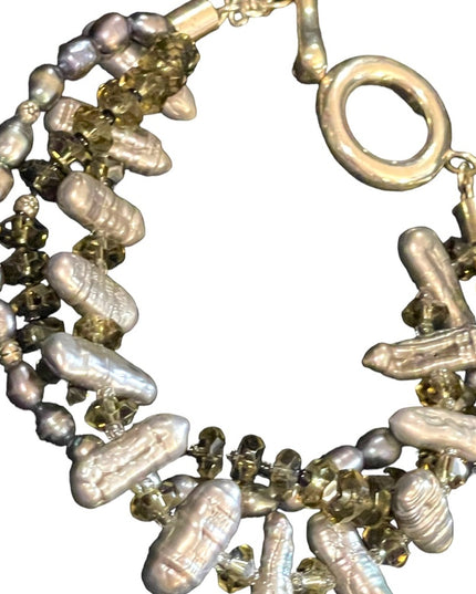 Sterling silver REAL pearl & crystal chunky 3 strand Bracelet
