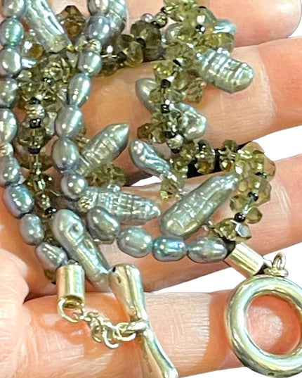 Sterling silver REAL pearl & crystal chunky 3 strand Bracelet