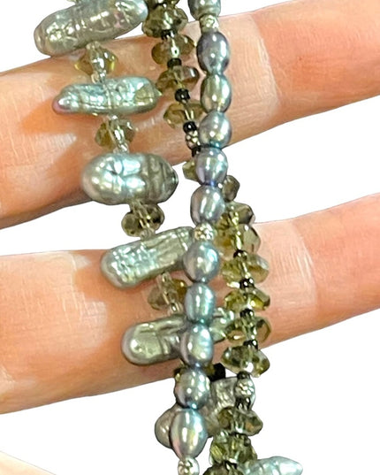 Sterling silver REAL pearl & crystal chunky 3 strand Bracelet