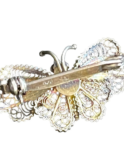 Antique GENOVA ITALIAN 800 SILVER FILIGREE BUTTERFLY BROOCH gold wash