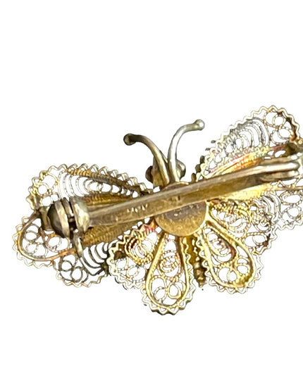 Antique GENOVA ITALIAN 800 SILVER FILIGREE BUTTERFLY BROOCH gold wash