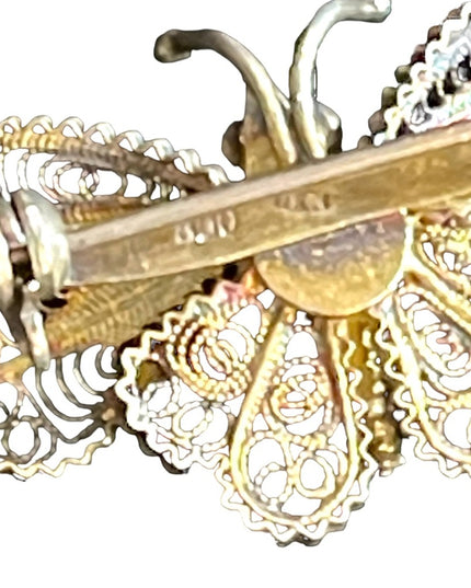 Antique GENOVA ITALIAN 800 SILVER FILIGREE BUTTERFLY BROOCH gold wash