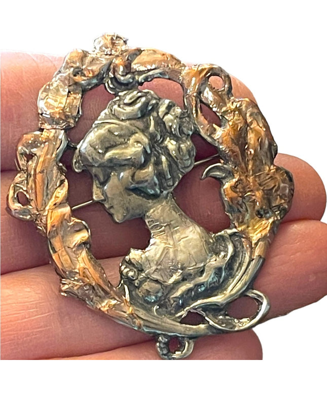 1995 Silver pewter copper leafed Gibson Girl brooch