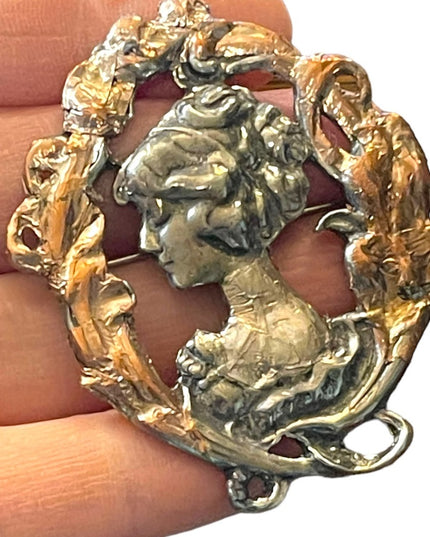 1995 Silver pewter copper leafed Gibson Girl brooch
