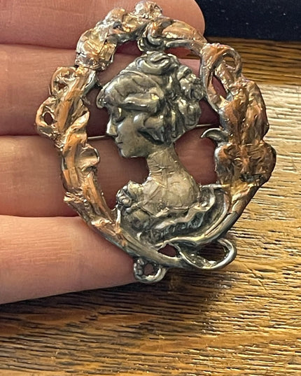 1995 Silver pewter copper leafed Gibson Girl brooch