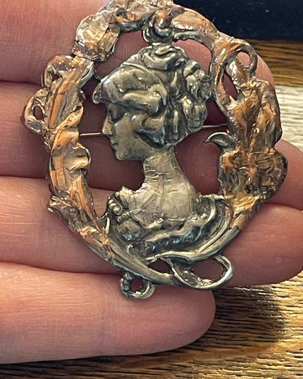 1995 Silver pewter copper leafed Gibson Girl brooch