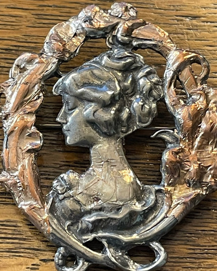 1995 Silver pewter copper leafed Gibson Girl brooch