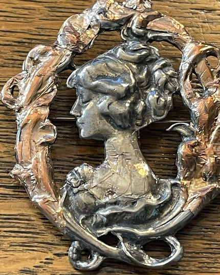 1995 Silver pewter copper leafed Gibson Girl brooch