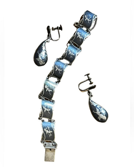 Vintage 1930s Siam Sterling black enamel bracelet & earrings