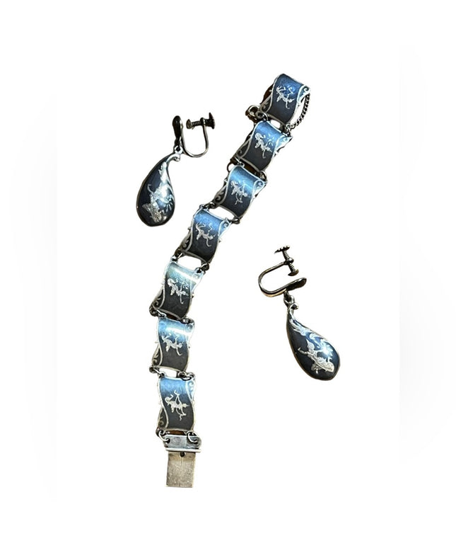 Vintage 1930s Siam Sterling black enamel bracelet & earrings