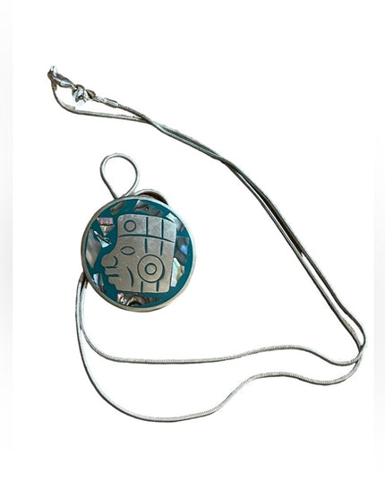 Vintage Mexico Alpaca Aztec Mayan Pendant & sterling necklace rope chain
