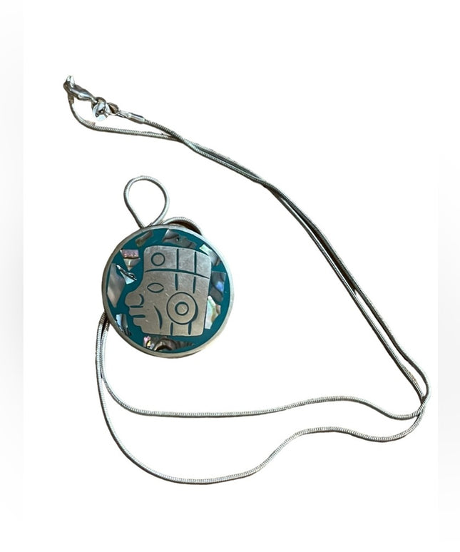 Vintage Mexico Alpaca Aztec Mayan Pendant & sterling necklace rope chain