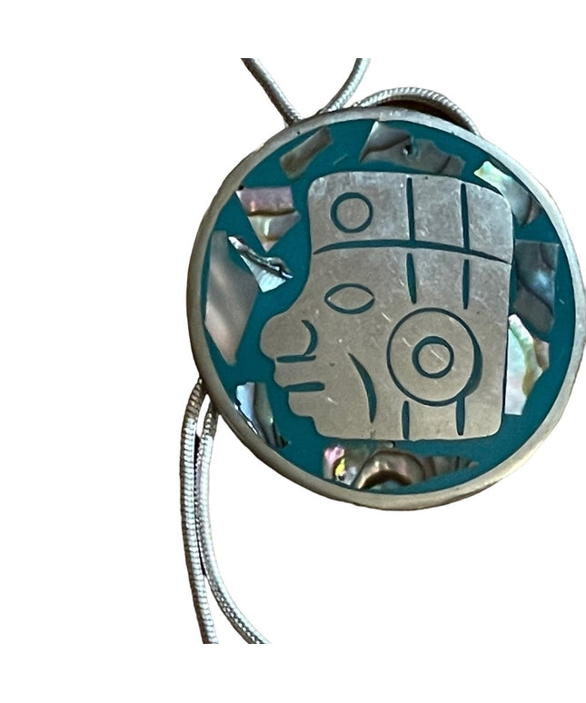Vintage Mexico Alpaca Aztec Mayan Pendant & sterling necklace rope chain
