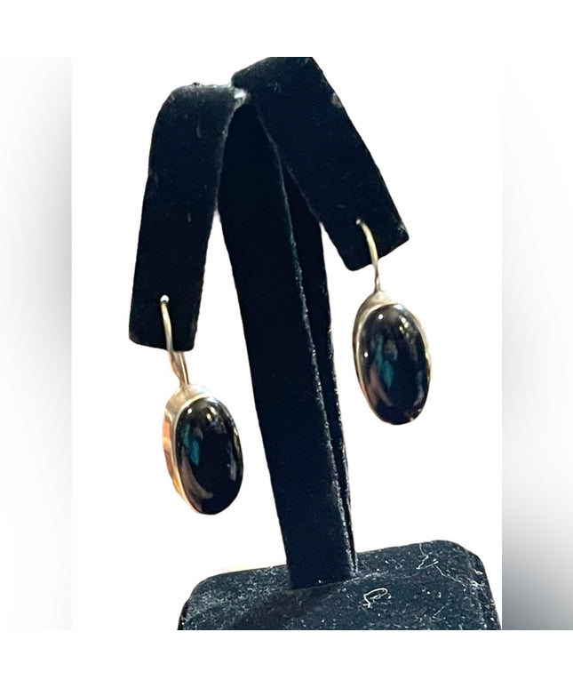 Vintage sterling silver 925 black onyx oval fancy drop earrings