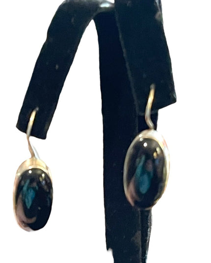 Vintage sterling silver 925 black onyx oval fancy drop earrings