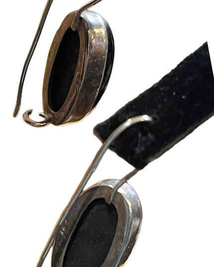Vintage sterling silver 925 black onyx oval fancy drop earrings