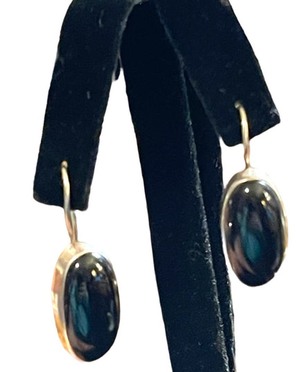 Vintage sterling silver 925 black onyx oval fancy drop earrings