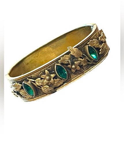 Antique Victorian Gold filled Green CZECH paste glass fabcy leaf ornate bangle