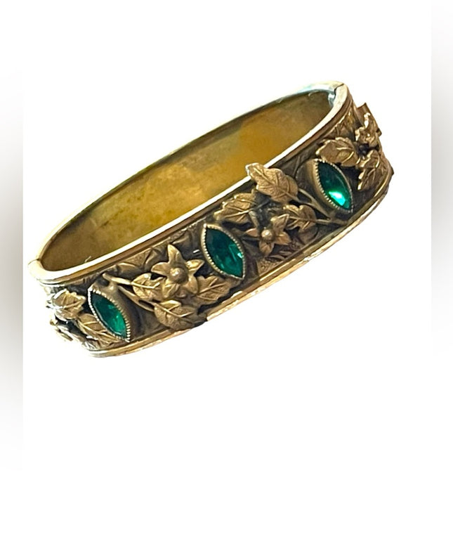 Antique Victorian Gold filled Green CZECH paste glass fabcy leaf ornate bangle