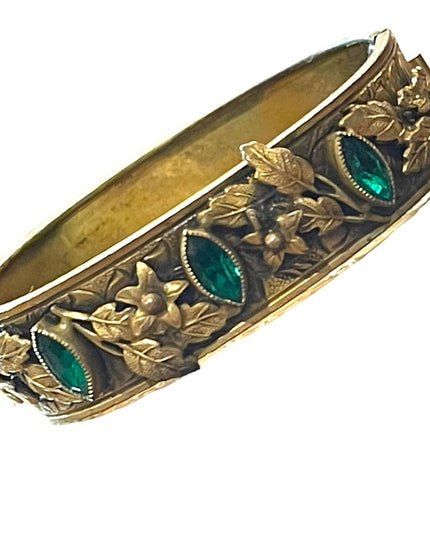 Antique Victorian Gold filled Green CZECH paste glass fabcy leaf ornate bangle