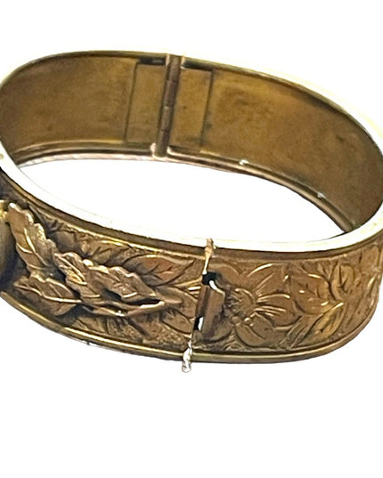 Antique Victorian Gold filled Green CZECH paste glass fabcy leaf ornate bangle