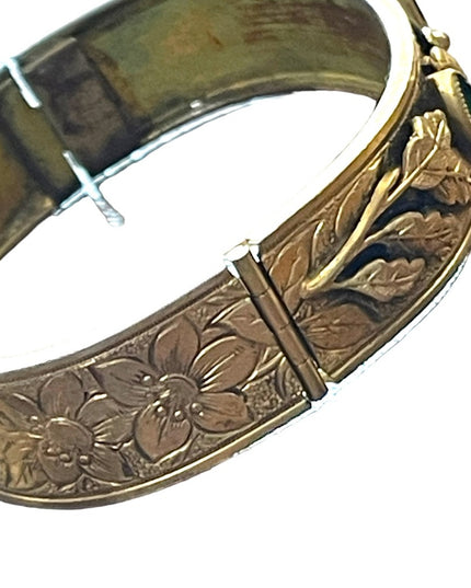 Antique Victorian Gold filled Green CZECH paste glass fabcy leaf ornate bangle