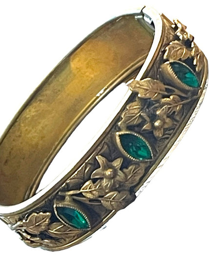 Antique Victorian Gold filled Green CZECH paste glass fabcy leaf ornate bangle