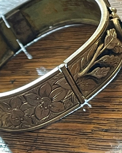 Antique Victorian Gold filled Green CZECH paste glass fabcy leaf ornate bangle