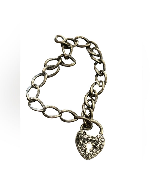 Antique Sterling silver Marcasite padlock heart keepsake bracelet sweetheart