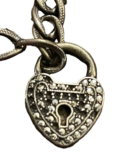 Antique Sterling silver Marcasite padlock heart keepsake bracelet sweetheart