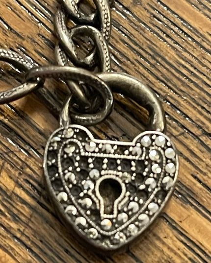 Antique Sterling silver Marcasite padlock heart keepsake bracelet sweetheart