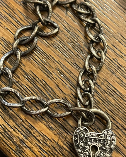 Antique Sterling silver Marcasite padlock heart keepsake bracelet sweetheart