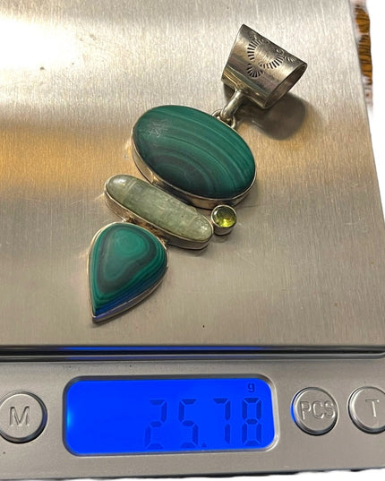 Vintage Southwestern C CHAMA Sterling pendant Malachite peridot labradorite