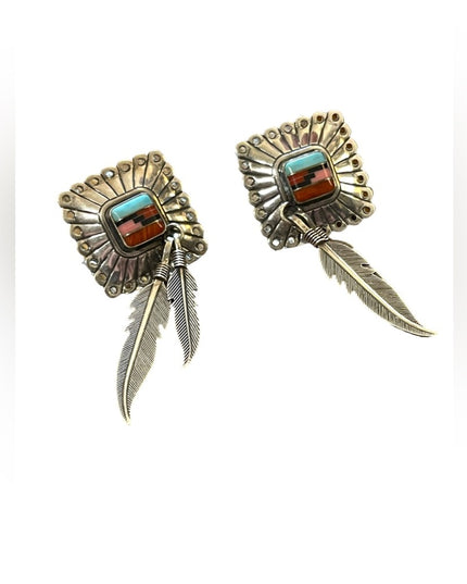 Vintage QT Sterling Inlaid Turquoise Multi Gemstone Earrings Southwestern