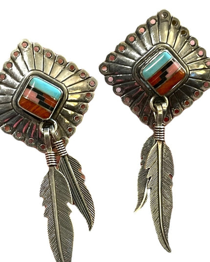 Vintage QT Sterling Inlaid Turquoise Multi Gemstone Earrings Southwestern