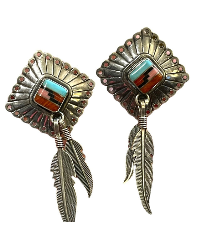 Vintage QT Sterling Inlaid Turquoise Multi Gemstone Earrings Southwestern