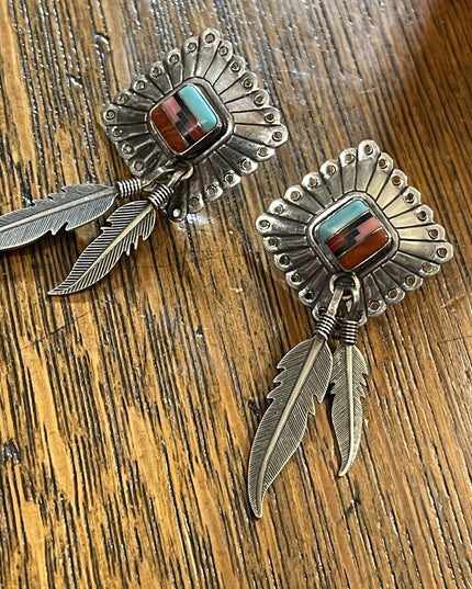 Vintage QT Sterling Inlaid Turquoise Multi Gemstone Earrings Southwestern