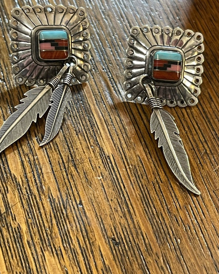 Vintage QT Sterling Inlaid Turquoise Multi Gemstone Earrings Southwestern