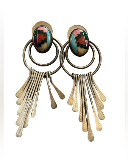 Vintage Sterling Inlaid Turquoise Multi Gemstone Earrings Southwestern Native