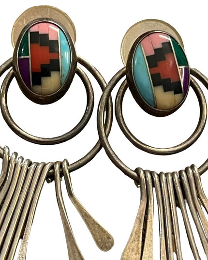 Vintage Sterling Inlaid Turquoise Multi Gemstone Earrings Southwestern Native