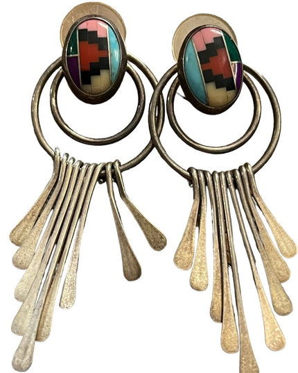 Vintage Sterling Inlaid Turquoise Multi Gemstone Earrings Southwestern Native