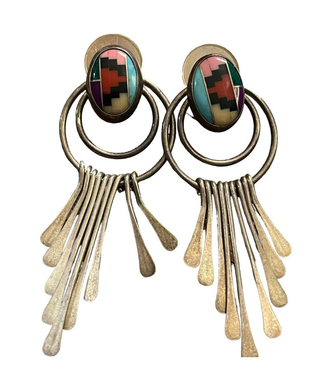 Vintage Sterling Inlaid Turquoise Multi Gemstone Earrings Southwestern Native