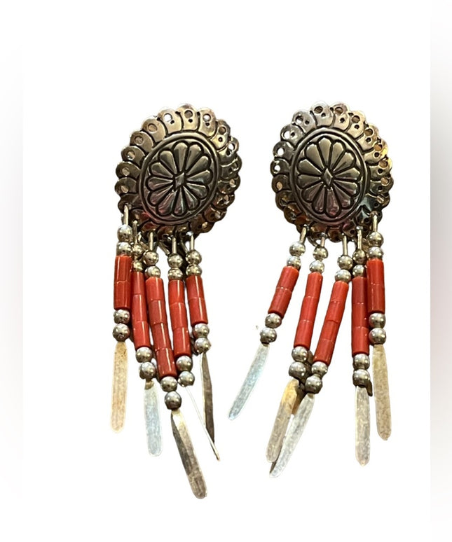 Vintage sterling silver coral concho southwestern Navajo dangle earrings