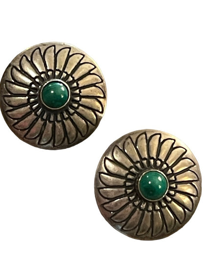 Vintage southwestern Turquoise etched native american design sterling earrings